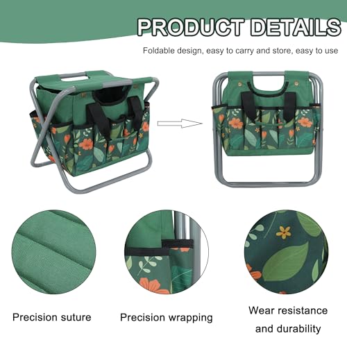 Folding Gardening Stool with Detachable Storage Tote Bag, Multifunctional Gardening Tools Set Organizer for Fishing and Camping,Portable Garden Chair Seat for Adults (Green Flower)