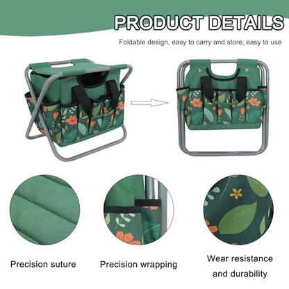 Folding Gardening Stool with Detachable Storage Tote Bag, Multifunctional Gardening Tools Set Organizer for Fishing and Camping,Portable Garden Chair Seat for Adults (Green Flower)