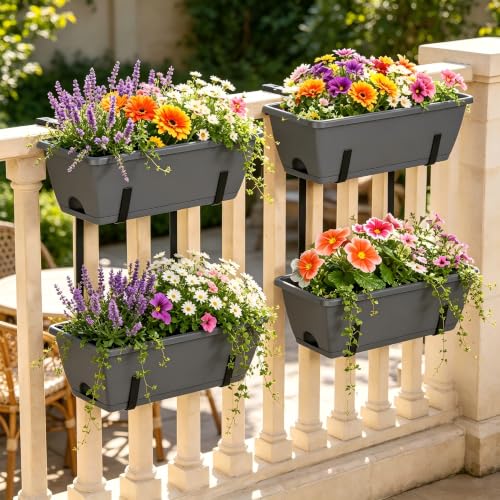 Deck Railing Planter Boxes 2 Tier Grey Window Boxes Planters Set of 2 - color: Gray