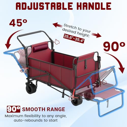 LEVELEVE Heavy Duty Folding Wagon - 2-in-1 Collapsible Cart, All-Terrain Wheels w/Brakes & Side Pockets (Red, 650lb Capacity) - color: Red, size: Large