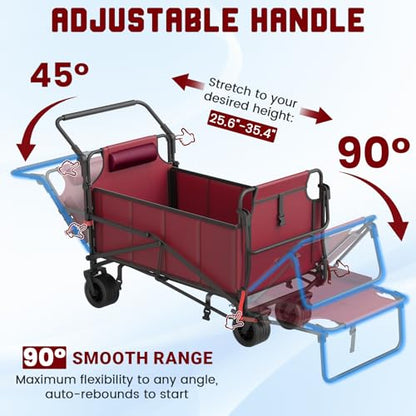 LEVELEVE Heavy Duty Folding Wagon - 2-in-1 Collapsible Cart, All-Terrain Wheels w/Brakes & Side Pockets (Red, 650lb Capacity) - color: Red, size: Large