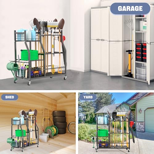 WALMANN Garden Tool Organizer with Wheels, Rakes/Shovels/Yard Tools Stand - size: 36.25 inch L