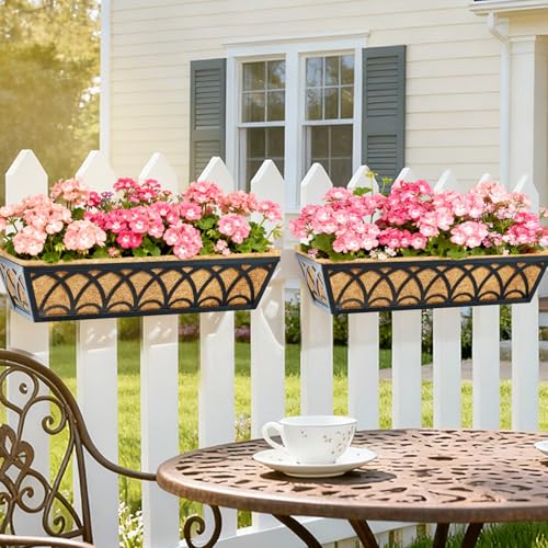 24 Inch Railing Planter Box Window Boxes Planters - 2 Pack Deck Railing Planter Boxes with Adjustable Brackets Coco Liners Balcony Planters Railing Hanging for Window Flower Boxes Outdoor Garden Decor - size: 24 Inch