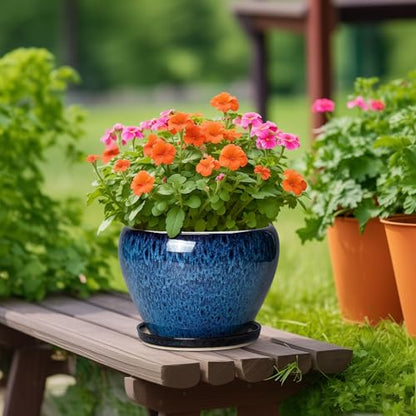 10 Inch Plant Pot, Ceramic Planter with Drainage and Saucer, Blue - color: Blue, size: 10 Inch