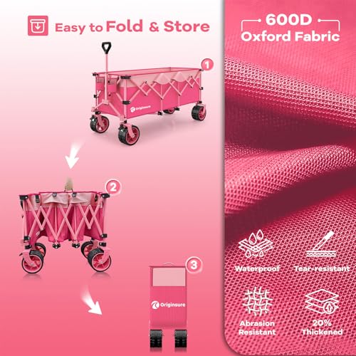 Originsure 300L Beach Wagons Carts Foldable with Big Wheels, 560lbs, Pink - color: Pink