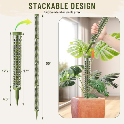 Moss Pole Monstera Plant Support 55 Inch, Stackable Sphagnum Moss Poles Sticks for Climbing Plants Indoor 4 Packs 17 Inch Plant Stakes for Garden Potted Plants, Pothos, Philodendron, Green