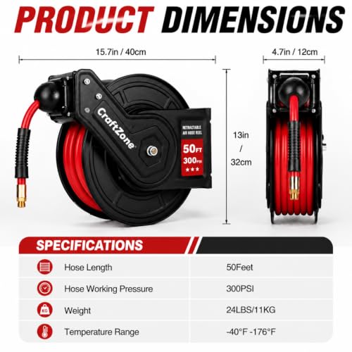 Retractable Air Hose Reel 50 FT | 300 PSI Air Compressor Hose Reel | 3/8 Hybrid Polymer Hose | Heavy-Duty Steel Wall Mount Swivel Bracket|Auto Rewind | All-Weather Retractable Air Hose - Red - size: 50ft
