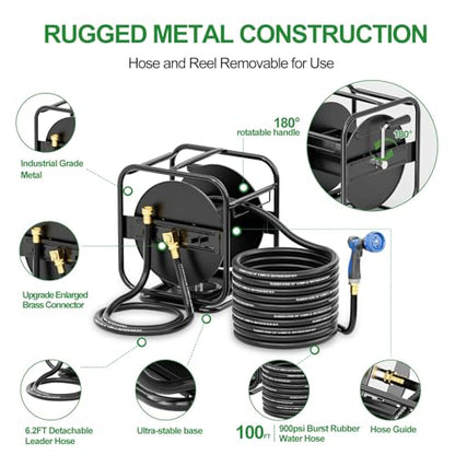 SPECILITE Garden Hose Reel With 100Ft Water Hose, 360° Rotation Frame - size: Rubber 100FT