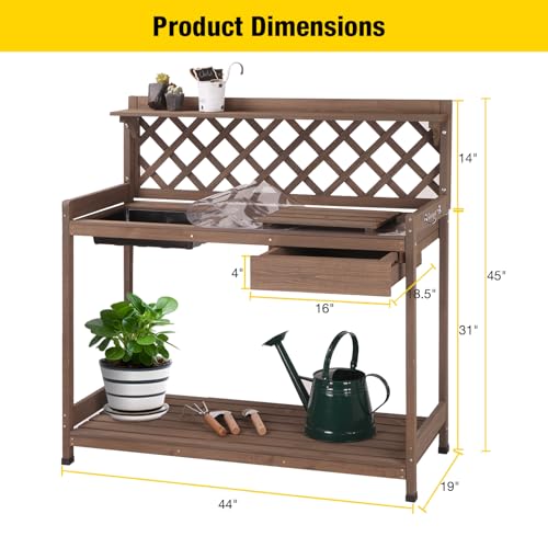 Aivituvin Potting Bench Outdoor with PVC Layer Wooden Planting Table with Sink & Lid Gardening Work Bench with Drawer, Shelf, Hook
