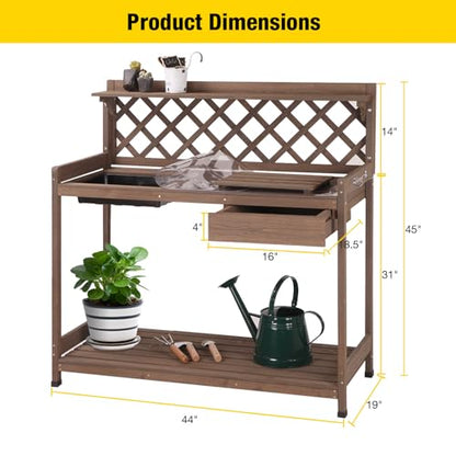 Aivituvin Potting Bench Outdoor with PVC Layer Wooden Planting Table with Sink & Lid Gardening Work Bench with Drawer, Shelf, Hook
