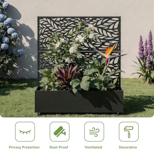 Metal Raised Garden Bed with Trellis and Wheels, 47"x47"x16" (Black-Leaf) - color: Black-leaf, size: 47"x47"x16"
