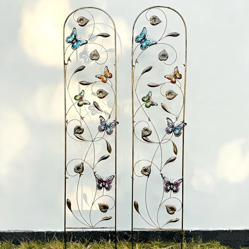 2 Pack Metal Garden Trellis with Colorful Butterfly, Outdoor Decoration Arched Fence Trellis for Climbing Plants for Patio, Backyard, Lawn, Wall Brackets