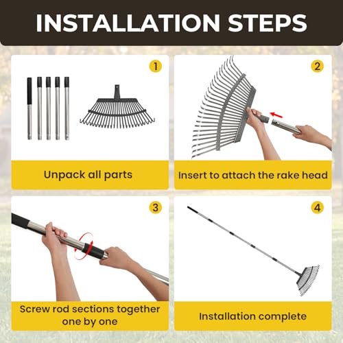 Rake for Leaves - 25 Tines Heavy Duty Metal Rake Set with Leaf Scoops & 53 Gallon Bag, Adjustable 67.5" Garden Rake, 3-in-1 Tool for Yard Pine Needle Grass Cleanup