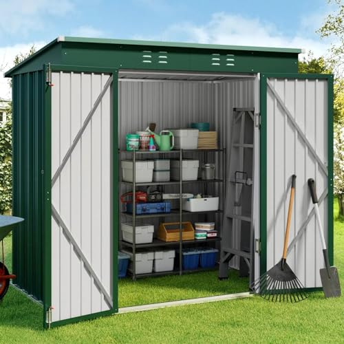 Gizoon 6x4 FT Outdoor Shed, Metal Garden Shed Lockable Doors, Green - color: Green, size: 6' x 4' FT/Sloped-roof