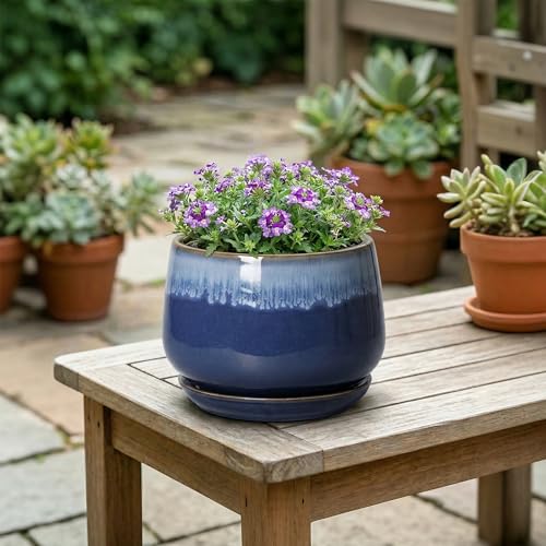 Ceramic Flower Pots, 6 Inch Plant Pot Indoor with Saucer, Deep Blue - size: 6 Inch, style: Deep Blue