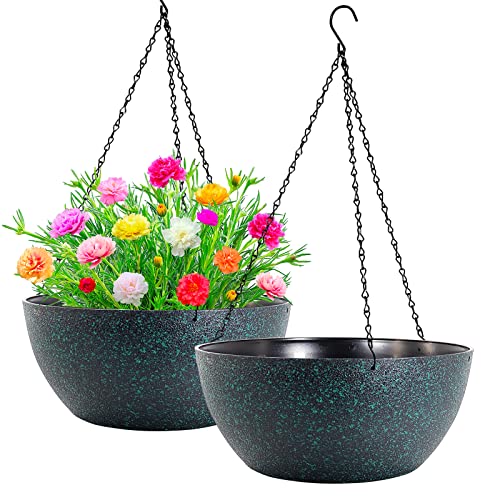 WOUSIWER 13 inch 2 Pack Large Hanging Planters for Indoor Outdoor Plants with Drainage Holes and Chain, Round Hanging Flower Pots for Garden Home Porch Decor, Black with Green Speckles - color: Black With Green Speckles