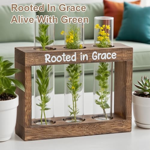Rooted in Grace Propagation Station – Wooden Plant Holder with 3 Glass Vases, Indoor Rooting Station for Cuttings, Christian-Inspired Gift for Women, Birthday, Housewarming, Plant Lover Décor - size: 3 Glass Vases
