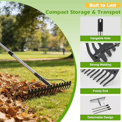 4FT Bow Rake,Heavy Duty Metal Garden Rake for Moving Gravel Loosening Soil Leveling Ground Gathering Leaf Debris Spreading Mulch, 17 Tines,Adjustable Handle, for Lawn Garden Farm Landscape Work - style: 49"