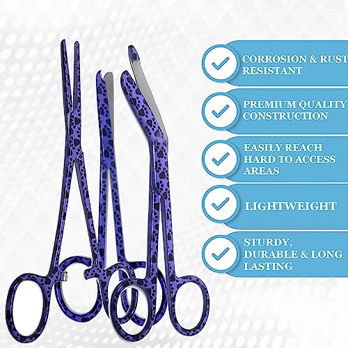 5pc Bandage Scissors 5.5", Stitch Scissors 4.5", Hemostat 5.5" Straight & Curved, Diagnostic Penlight Made of Premium Quality Stainless Steel - For Training Emergency Supplies & First Aid Kit (Purple) - color: Purple