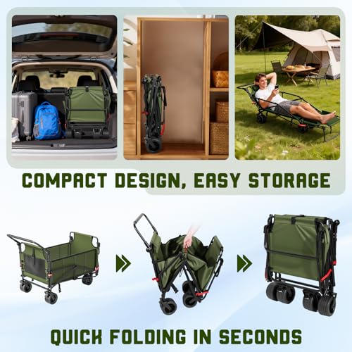 LEVELEVE Heavy Duty Folding Wagon - 2-in-1 Collapsible Cart, All-Terrain Wheels w/Brakes & Side Pockets (Army Green,650lb Capacity) - color: Army Green, size: Large