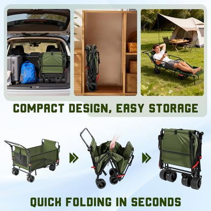LEVELEVE Heavy Duty Folding Wagon - 2-in-1 Collapsible Cart, All-Terrain Wheels w/Brakes & Side Pockets (Army Green,650lb Capacity) - color: Army Green, size: Large