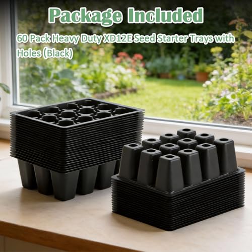 RooTrimmer 60 Pack Reusable 12-Cell Seed Starter Tray with Large Drain Hole - color: Black, size: 12 Cells-60P