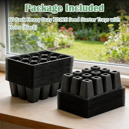 RooTrimmer 60 Pack Reusable 12-Cell Seed Starter Tray with Large Drain Hole - color: Black, size: 12 Cells-60P