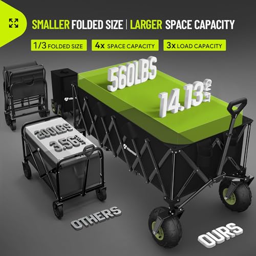 HIKEMOON 400L Large Beach Collapsible Wagon with Balloon Wheels, Black - color: Black-b