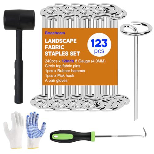 Landscape Fabric Staples,12INCH 120PCS Circle Top Garden Nails with Rubber Hammer,Hook and Gloves,G-Shaped Galvanized 4.0mm Weed Barrier Fabric Yard Pins,Anti-Rust Lawn Pegs for Sod,Turf,Geotextile