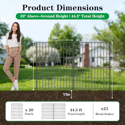 20 Panels No Dig Decorative Garden Fence, 33in(H) x 44.6ft(L) Animal Barrier Fence, Rustproof Metal Temporary Dog Fence, Dog Digging Defense Fencing Barrier for Outdoor, Yard, Patio - size: 20 Panels 33in(H) x 44.6ft(L)