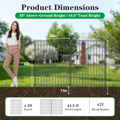20 Panels No Dig Decorative Garden Fence, 33in(H) x 44.6ft(L) Animal Barrier Fence, Rustproof Metal Temporary Dog Fence, Dog Digging Defense Fencing Barrier for Outdoor, Yard, Patio - size: 20 Panels 33in(H) x 44.6ft(L)
