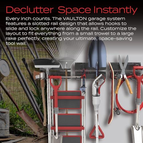 VAULTON 96" Garage Wall Organizer, Steel Tool Rack, 6 Rails 12 Double Hooks - size: 18-Piece Set (6 Rails, 12 Hooks)