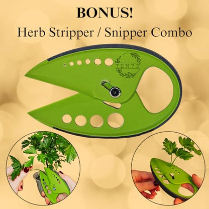 2-in-1 5-Blade Herb Scissors & Herb Stripper Set | 10-Hole Leaf stripper Stem Remover + Stainless Steel Herb Shears with Safety Cover & Cleaning Comb | Dishwasher Safe Kitchen Tool for all Herbs