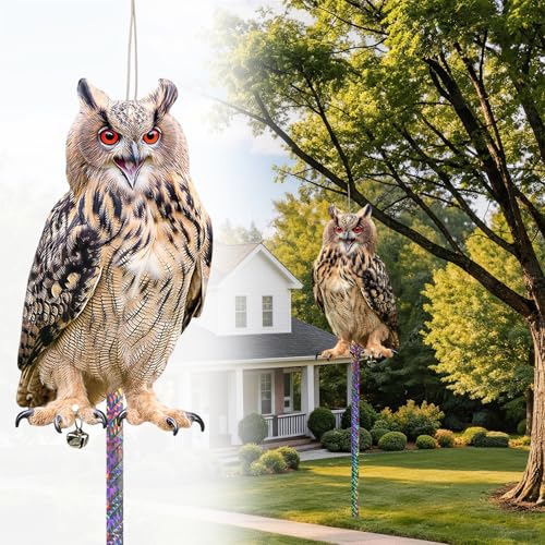2 Pack Fake Owl to Keep Pigeon Woodpecker Away, Hanging Plastic Flat Fake Owl with Reflective Tape to Scare Animals Away for Windows Outdoor Patio Contryard Garden Backyard Front Porch - color: 2pcs-lt.brown