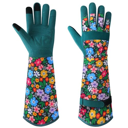 Gardening Gloves for Women, Long Garden Gloves with Grip, Thorn-Proof, Gift - color: Dark Green - Flower Leaf