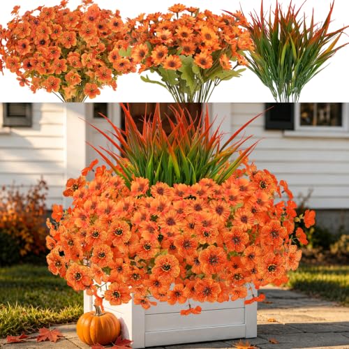 18 Pcs Artificial Fall Flowers for Outdoor, UV Resistant Fake Mums & Grass - color: Orange