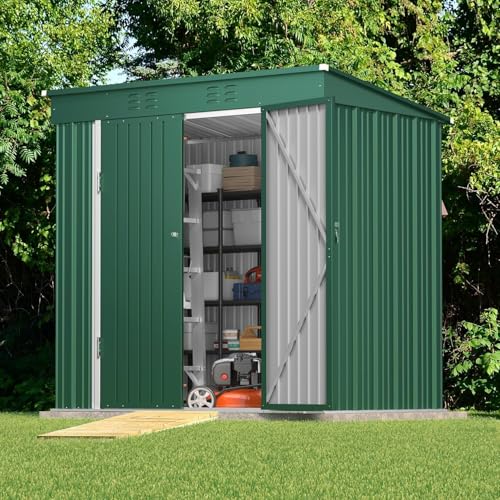 Gizoon 6x4 FT Outdoor Shed, Metal Garden Shed Lockable Doors, Green - color: Green, size: 6' x 4' FT/Sloped-roof