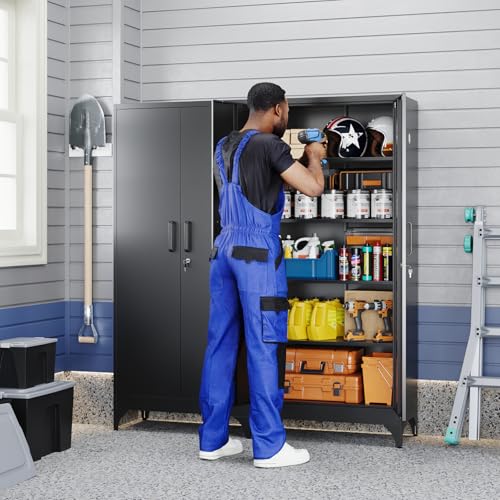 Yizosh Metal Garage Storage Cabinet with 2 Doors and 4 Adjustable Shelves - 71" Steel Lockable Filing Cabinet,Locking Tool Cabinets for Home,Office,Garage,Gym,School - color: Black, size: 71"H x 32"W x 16"D (4 Shelves)