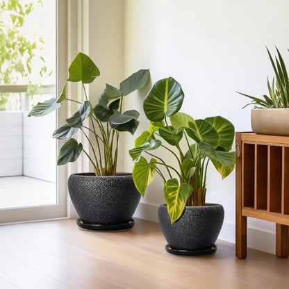 10+8+6 Inch Ceramic Planter, Ceramic Plant Pots, Relief Black - color: Relief Black