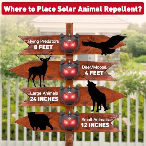 4 Pack Solar Nocturnal Animal Repeller with Red LED Flashing Lights – Effective Coyote, Raccoon, Skunk, Deer & Hawk Deterrent – Waterproof Predator Lights for Yards, Gardens & Chicken Coops
