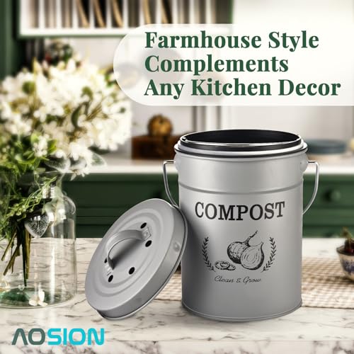 AOSION 1 Gallon Countertop Compost Bin for Kitchen with Lid,Odor Resistant - color: Grey(50 Pack Trash Bags & Garden Shovel)