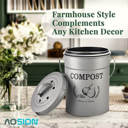 AOSION 1 Gallon Countertop Compost Bin for Kitchen with Lid,Odor Resistant - color: Grey(50 Pack Trash Bags & Garden Shovel)