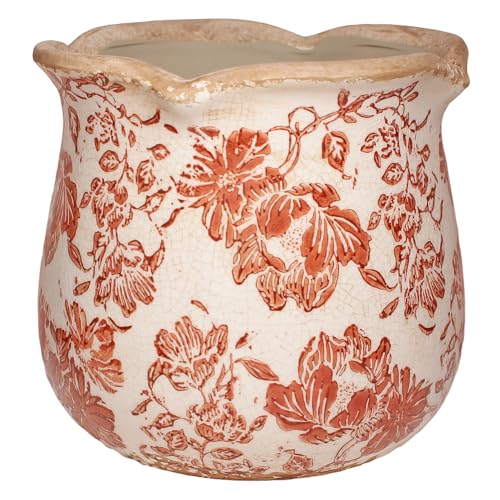 Country Farmhouse Fall Planters, Vintage Ceramic Plant Pot with Drainage - color: Red Flower