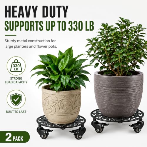 2 Pack 11" Plant Caddy with Wheels, Heavy Duty Metal, Black - color: Round Metal Black, size: 11 INCH 2PCS
