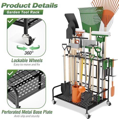 Garden Tool Organizer Rack with Wheels Up to 39 Tools, Heavy-Duty Steel Yard Tool Organizer for Garage Storage with 12 Hooks, Broom Holder & Garden Tool Rack for Shed, Patio, Outdoor Use, Black - style: Rack With Accessories