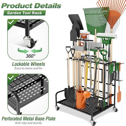Garden Tool Organizer Rack with Wheels Up to 39 Tools, Heavy-Duty Steel Yard Tool Organizer for Garage Storage with 12 Hooks, Broom Holder & Garden Tool Rack for Shed, Patio, Outdoor Use, Black - style: Rack With Accessories