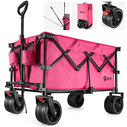 VILLEY Collapsible Folding Wagon with Big Wheels, Enlarged 225lbs Capacity, All Terrain Wagons Carts Heavy Duty Foldable, Portable Utility Garden Cart with 2 Cup Holders and Brake, Pink. - color: Pink