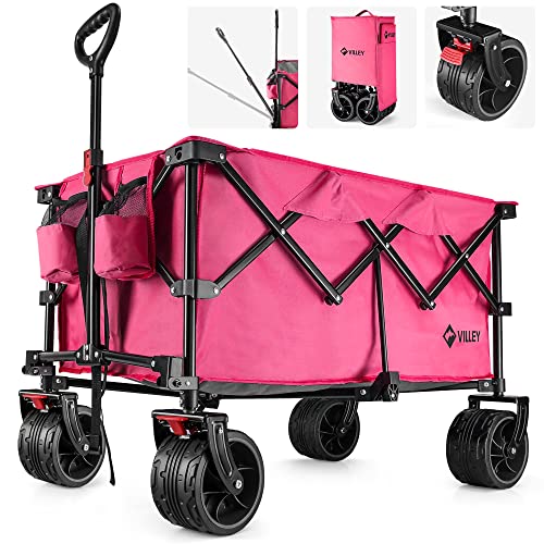 VILLEY Collapsible Folding Wagon with Big Wheels, Enlarged 225lbs Capacity, All Terrain Wagons Carts Heavy Duty Foldable, Portable Utility Garden Cart with 2 Cup Holders and Brake, Pink. - color: Pink