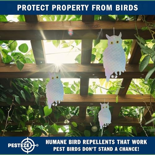 PESTEZE USA Owl Bird Repellent Holographic Decoy with 2 Bells [9 x 15 inch] to Deter Woodpeckers, Pigeons, Crows, Ducks, Geese & Critters Using Reflective Scare Patterns for Humane Property Protection