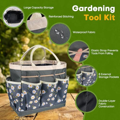 Garden Tool Caddy,Gardening Tote Bag Multi-Pocket,Garden Caddy Garden Bags for Tools Organizer(Daisy Gray Background)